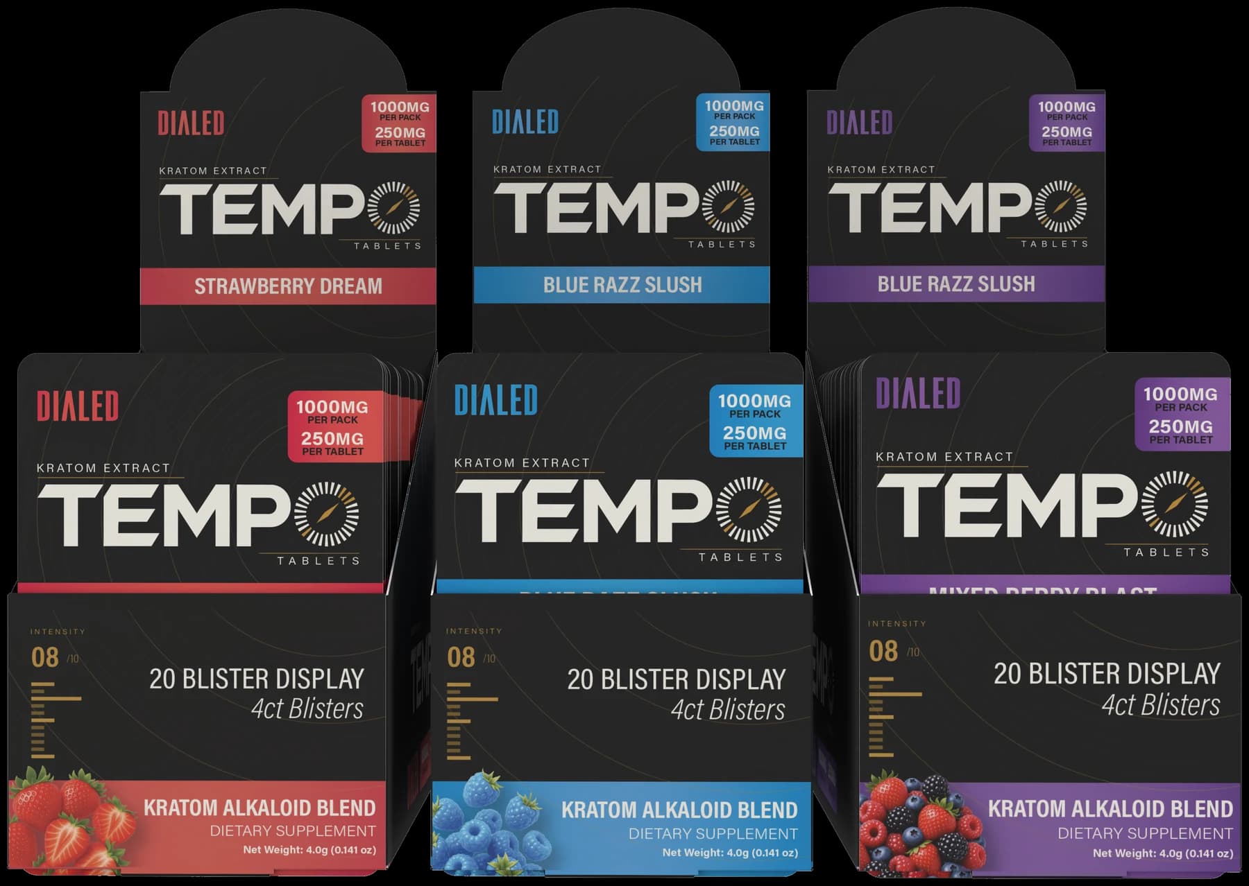Dialed Tempo 4ct blister display boxes — Strawberry Dream, Blue Razz Slush, Mixed Berry Blast
